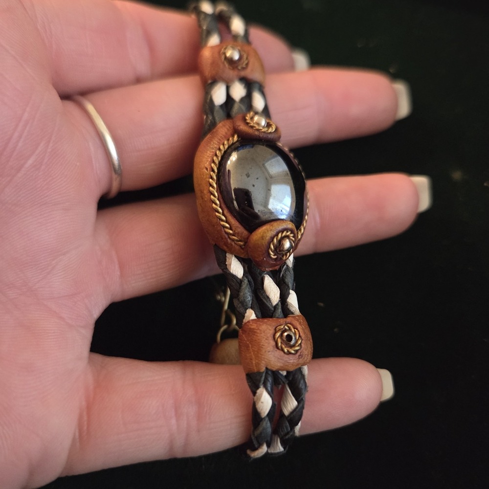 Round Glass Bead Cat's Eye Cabochon Braided Dyed Leather Bracelet Handmade Boho